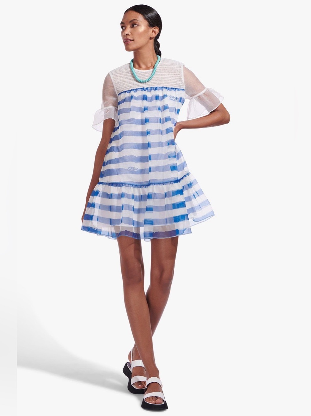 Staud Florence Sheer Blue White Stripe Organza Ruffle Sleeve Shift Dress Medium